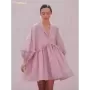 Clacive-vestido rosa holgado informal para mujer, minivestido elegante con solapa y manga abullonada, plisado, clásico, a la mod