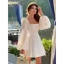 Clacive-Vestido corto de algodón blanco para mujer, minivestido Sexy ajustado con cuello cuadrado y manga abullonada, elegante, 