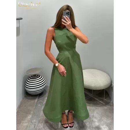 Clacive-vestido informal de algodón verde para mujer, con cuello redondo prenda elegante, sin mangas, hasta el tobillo, de cintu