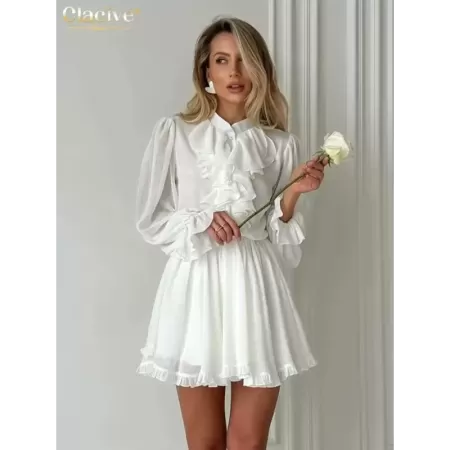 Clacive-vestido blanco holgado de manga larga para mujer, minivestido elegante con cuello levantado, informal, plisado con volan