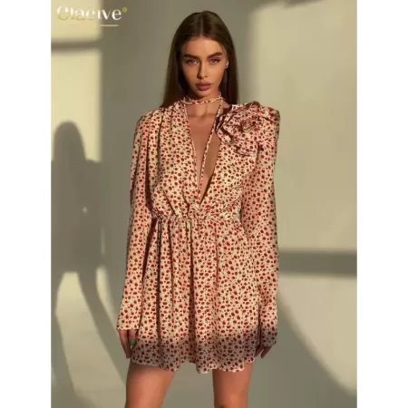 Clacive holgado-Vestido corto de manga larga para mujer, minivestido Sexy plisado de cintura alta con cuello en V profundo, a la