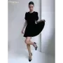 Clacive-vestido negro ajustado para mujer, minivestido elegante de manga corta con cuello redondo, cintura alta, empalmado de en