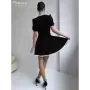 Clacive-vestido negro ajustado para mujer, minivestido elegante de manga corta con cuello redondo, cintura alta, empalmado de en