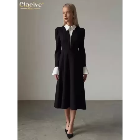 Clacive-vestido negro suelto para mujer, elegante vestido Midi de oficina de manga larga con solapa, informal, clásico, Patchwor