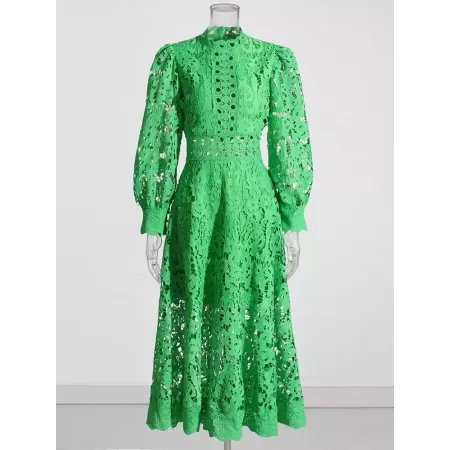 TWOTWINSTYLE-vestido verde de manga larga con cuello levantado para mujer, traje Midi liso recortado de cintura alta, ropa de ot