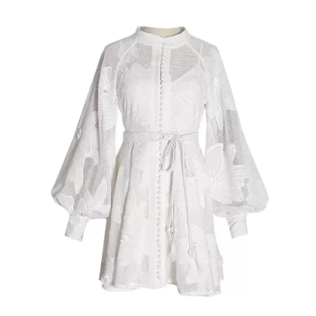 TWOTWINSTYLE-Mini vestido bordado elegante para mujer, cuello alto, manga larga, cintura alta, blanco, ropa de moda femenina