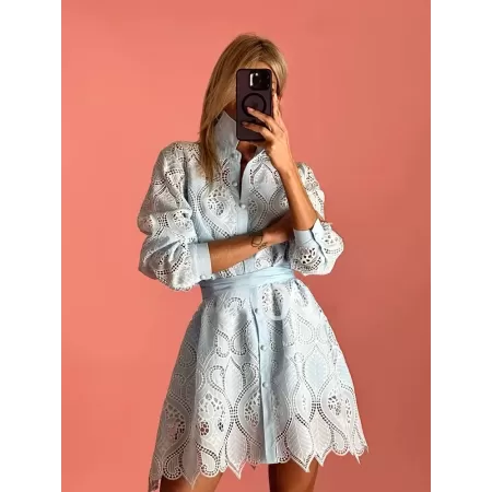 TWOTWINSTYLE-vestido ahuecado con bordado liso para mujer, vestidos ajustados de encaje de retazos de cintura alta, manga larga 