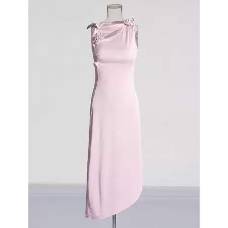 TWOTWINSTYLE-vestido ahuecado con apliques empalmados para mujer, cuello redondo sin mangas, cintura alta, sólido, Sexy, adelgaz