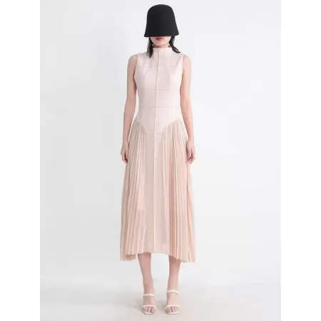 TWOTWINSTYLE-vestidos de temperamento sólido para mujer, cuello levantado, sin mangas, pliegues de cintura alta, vestido Delgado