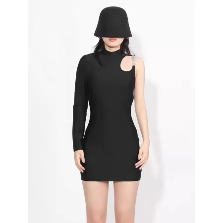 TWOTWINSTYLE-vestido de retales ahuecado con diamantes para mujer, cuello levantado, manga de un hombro, cintura alta, vestidos 