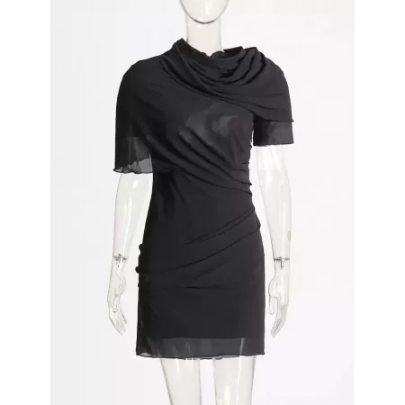 TWOTWINSTYLE-vestido con pliegues empalmados para mujer, traje Sexy de cuello alto, manga corta, Espalda descubierta, cintura al