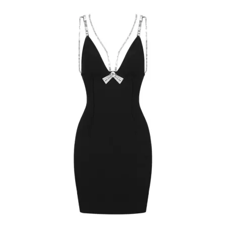 JUNE LIPS-vestido de noche negro con diamantes de imitación para mujer, ropa Sexy con cuello en V y Espalda descubierta, para di