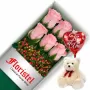 CAJA DE 6 ROSAS ROSADAS + PELUCHE Y GLOBO TE AMO