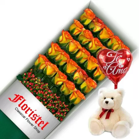 OFERTA DE CAJA CON 24 ROSAS CIRCUS MAS PELUCHE Y GLOBO TE AMO