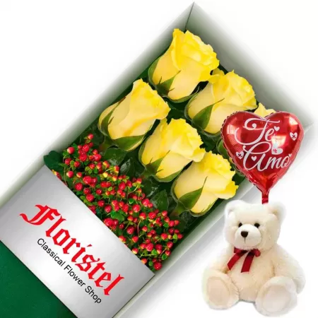 OFERTA DE CAJA CON 6 ROSAS AMARILLAS MAS PELUCHE Y GLOBO TE AMO