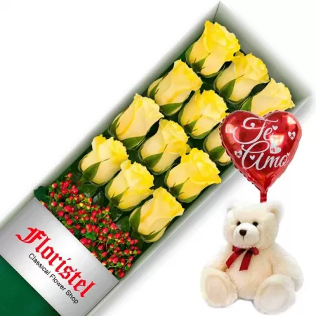 OFERTA DE CAJA CON 12 ROSAS AMARILLAS MAS PELUCHE Y GLOBO TE AMO