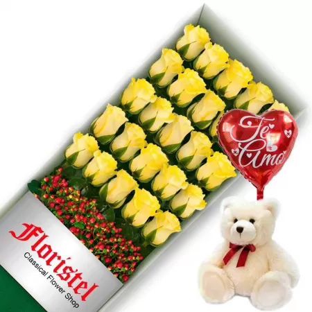 OFERTA DE CAJA CON 24 ROSAS AMARILLAS MAS PELUCHE Y GLOBO TE AMO