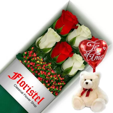 OFERTA DE CAJA CON 6 ROSAS MIX ROJAS Y BLANCAS MAS PELUCHE Y GLOBO TE AMO