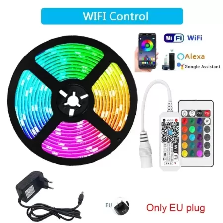 Tira de luces LED RGB 5050 con enchufe europeo, cinta de lámpara Flexible con cambio de Color y sincronización de música, contro