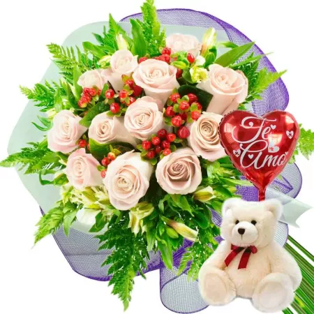 OFERTA RAMO DE 12 ROSAS BLANCAS + GLOBO TE AMO Y PELUCHE