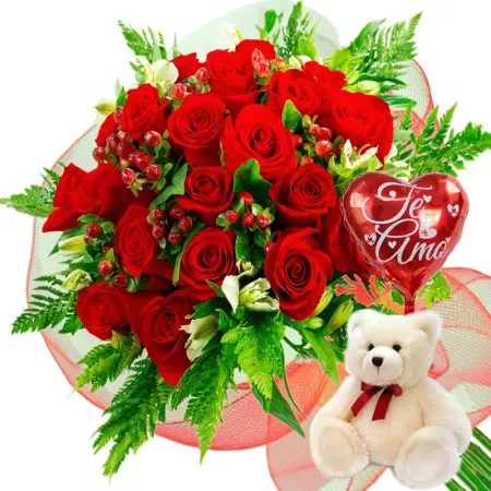 OFERTA RAMO DE 24 ROSAS ROJAS + GLOBO TE AMO Y PELUCHE