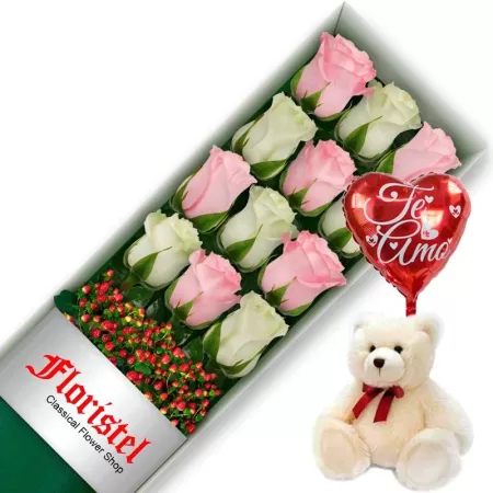 OFERTA DE CAJA CON 12 ROSAS MIX ROSADAS Y BLANCAS MAS PELUCHE Y GLOBO TE AMO