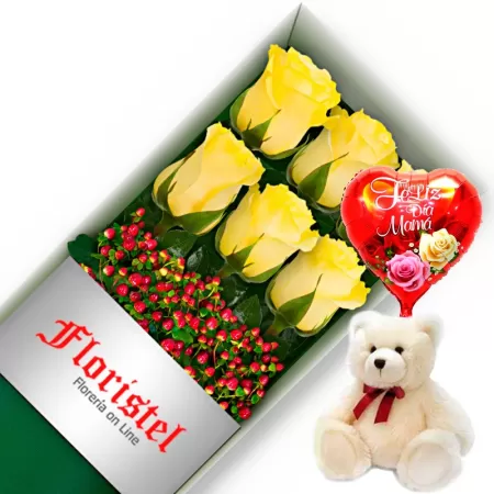 CAJA CON 6 ROSAS AMARILLAS MAS GLOBO DÍA DE LA MADRE Y PELUCHE