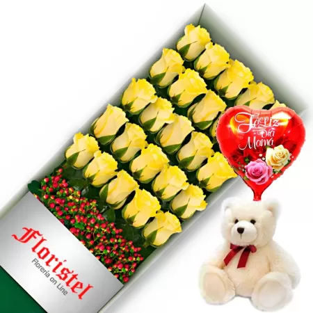 CAJA CON 24 ROSAS AMARILLAS MÁS GLOBO DÍA DE LA MADRE Y PELUCHE 