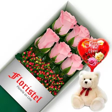 CAJA CON 6 ROSAS ROSADAS MAS GLOBO DÍA DE LA MADRE Y PELUCHE