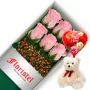 CAJA CON 6 ROSAS ROSADAS MAS GLOBO DÍA DE LA MADRE Y PELUCHE