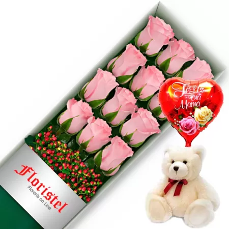 CAJA CON 12 ROSAS ROSADAS MÁS GLOBO DÍA DE LA MADRE Y PELUCHE