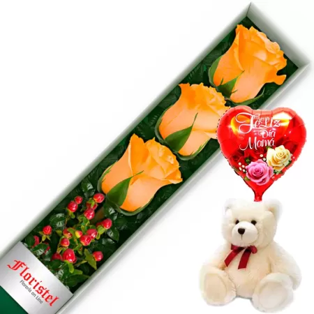 CAJA CON 3 ROSAS DAMASCO MAS GLOBO DÍA DE LA MADRE Y PELUCHE