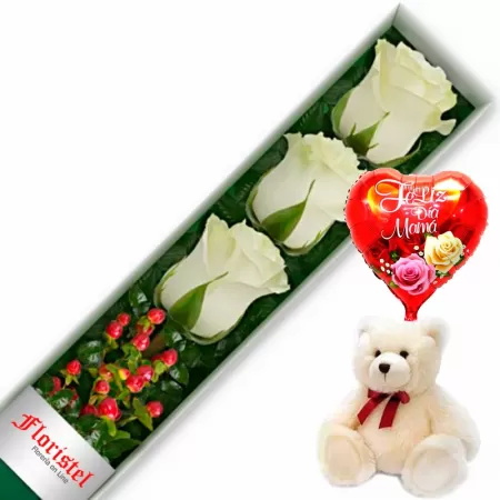 CAJA CON 3 ROSAS BLANCAS MAS GLOBO DÍA DE LA MADRE Y PELUCHE