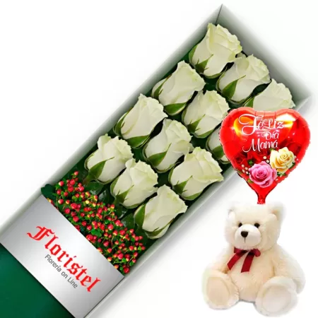 CAJA CON 12 ROSAS BLANCAS MÁS GLOBO DÍA DE LA MADRE Y PELUCHE