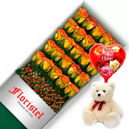 CAJA CON 24 ROSAS CIRCUS MÁS GLOBO DÍA DE LA MADRE Y PELUCHE 