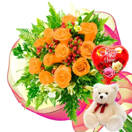 RAMO DE 12 ROSAS DAMASCO MÁS GLOBO DÍA DE LA MADERE Y PELUCHE