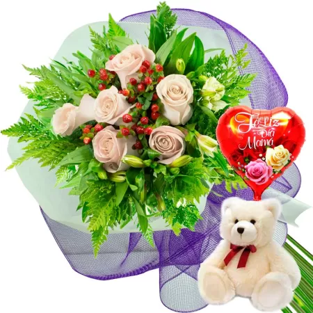 RAMO DE 6 ROSAS BLANCAS MÁS GLOBO DÍA DE LA MADRE Y PELUCHE