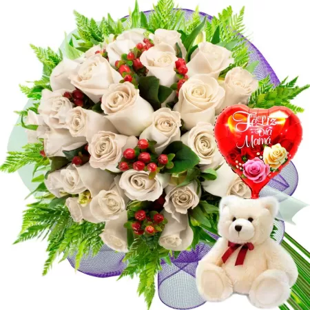 RAMO DE 24 ROSAS BLANCAS MÁS GLOBO DÍA DE LA MADRE Y PELUCHE