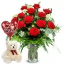 Florero de 12 Rosas Rojas con Peluche y Globo