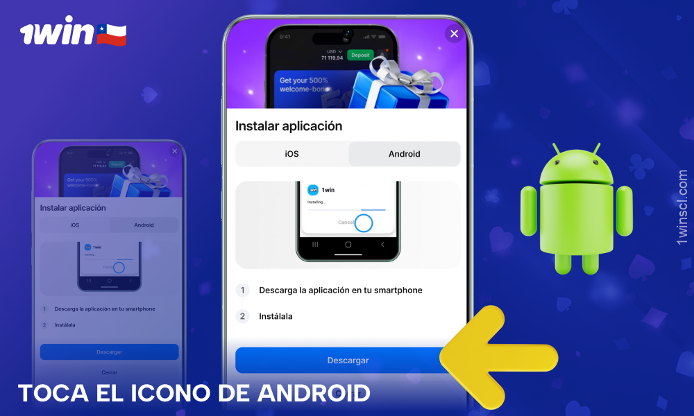Haz clic en el ícono de Android al final de la página para descargar la app móvil de 1Win Chile para Android