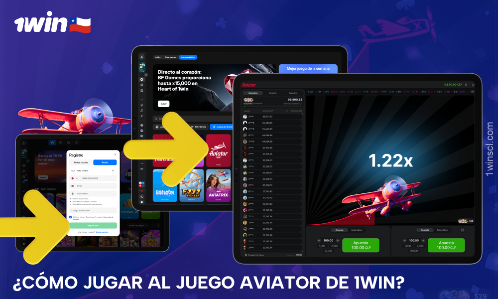 Para jugar en 1win Aviator, los chilenos tienen que registrarse en el casino, hacer un depósito, elegir un juego, hacer una apuesta y retirar sus ganancias a tiempo